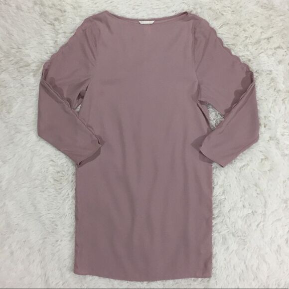 H&M Mauve Blush Pink Scalloped Long Sleeve Shift Dress Size 2 - Picture 1 of 8